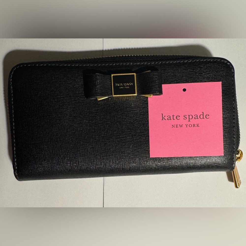 Kate Spade “Morgan“ Black Bow Embellished Continental zip-arond Wallet K9925,NWT